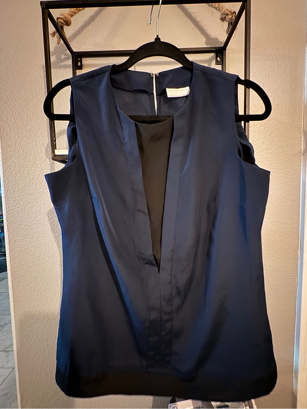 New York & Company Navy Sleeveless Plunging V-Neck Top